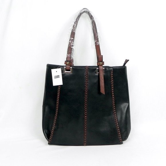 NWT Black & Brown Large Tote Bag | Faux Leather Tote with Polka Dot Interior - Picture 1 of 11